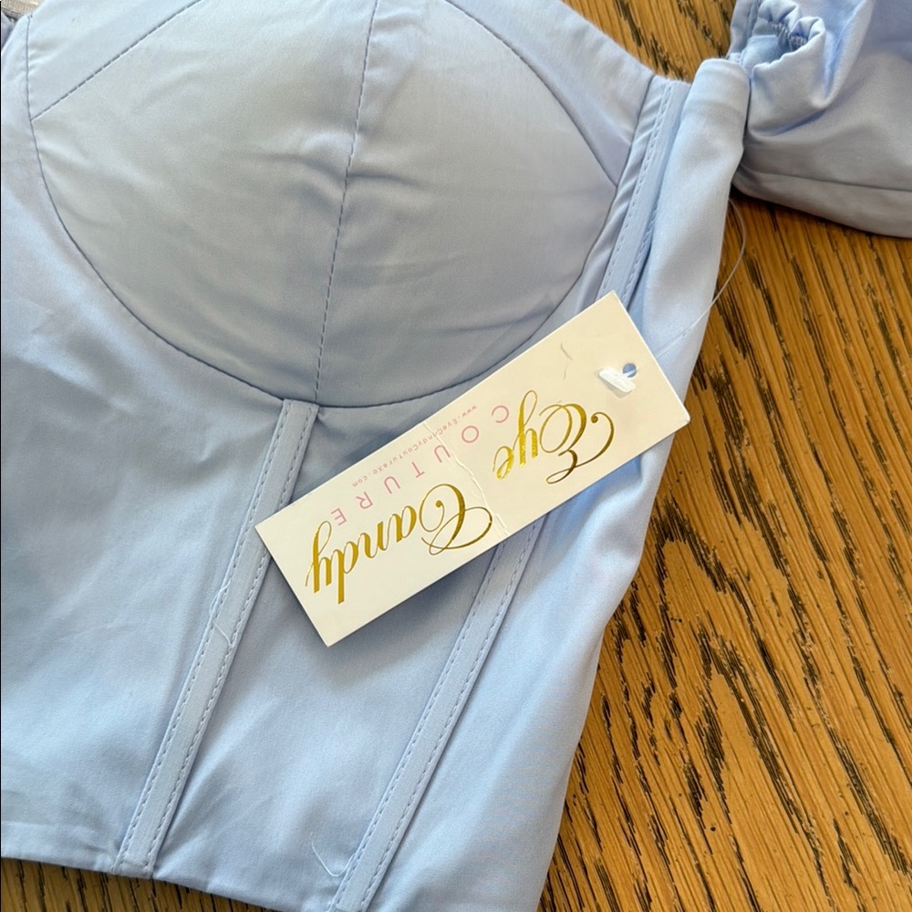Light Blue Off-Shoulder Puff Sleeve Corset Top - Picture 6 of 6